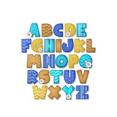 Obraz premium Alphabet set for scrapbook or collage design. Patchwork style. Creative comic font. Brown and blue Letters with patterns isolated on white background.