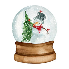 Snow globe with snowman and tree. Watercolor hand drawn