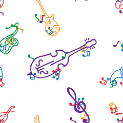 Musical notes and musical instruments seamless pattern. Vector of musical instruments seamless pattern. Hand drawn musical notes.