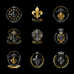 Royal symbols Lily Flowers emblems set. Heraldic vector design elements collection. Retro style label, heraldry logo.