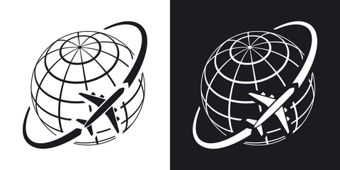 Airplane flies around the earth. Simple vector icon on black and white background