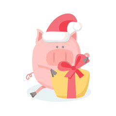 Vector illustration of a cheerful pig with a bright yellow gift box isolated on white background. Flat character of a piggy for Chinese New Year card and poster design.
