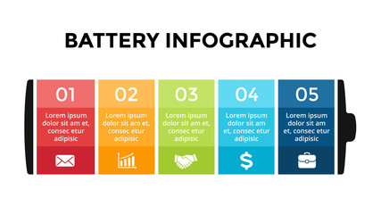 Vector battery infographic template. Presentation slide template. Business concept with 5 options, parts, steps, processes.