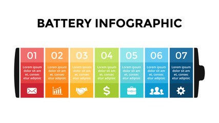 Vector battery infographic template. Presentation slide template. Business concept with 7 options, parts, steps, processes.