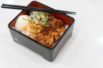 donburi rice bowl, set of Stir-Fried Pork with Japanese Spicy Sauce on Rice or BUTA-DON and Onsen Tamago egg with white background