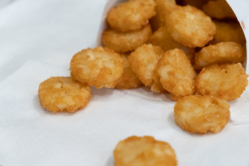 Crispy Hash Browns, American Breakfast Deep Fried Processed Food Frozen Easy To Eat, fried potato pancakes with dill on paper background