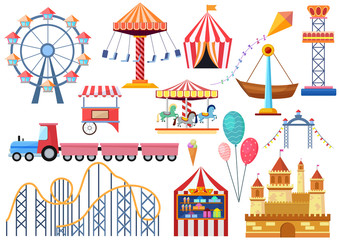 Naklejka premium Amusement park vector entertainment icons elements isolated. Colorful cartoon flat ferris wheel, carousel, circus and castle isolated.