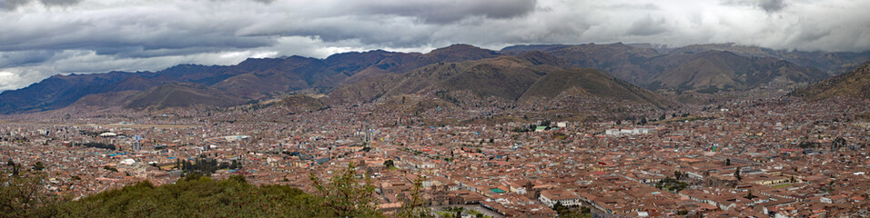 Obraz premium Ancient and historic city of Cuzco, Peru as viewed from a hilltop