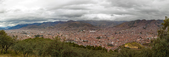 Ancient and historic city of Cuzco,  Peru as viewed from a hilltop