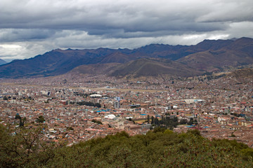 Fototapeta na wymiar Ancient and historic city of Cuzco, Peru as viewed from a hilltop