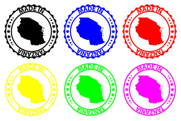 Made in Tanzania - rubber stamp - vector, Tanzania map pattern - black, blue, green, yellow, purple and red