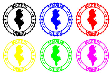Made in Tunisia - rubber stamp - vector, Tunisia map pattern - black, blue, green, yellow, purple and red