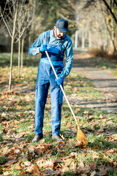 Professional male sweeper in blue uniform raking leaves in the garden during the autumn time
