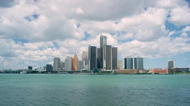 Detroit Downtown Across The River Wide Pan Sunny