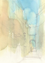 A sketch of city street. Watercolor style.