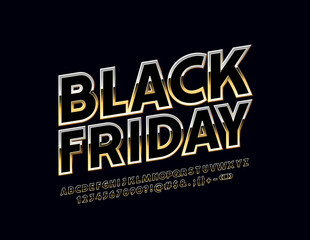Vector Bright sign Black Friday. Chic Alphabet Letters and Numbers. Elegant Black and Golden Font.