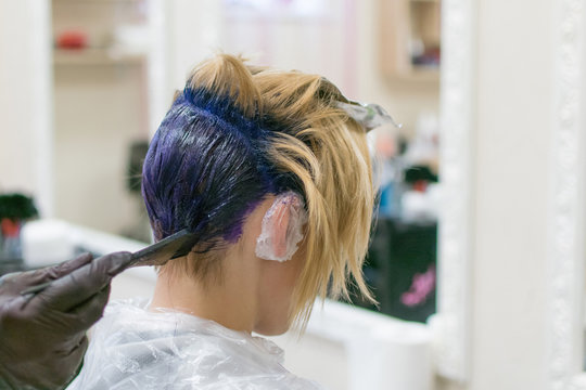 Woman dyed her hair blue at the hairdresser. Creative haircut and change the image of a woman. Hairdresser, stylist doing his job in the salon.