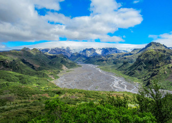 View of Thorsmork from the top of Valahnukur, between the glaciers Tindafjallajokull, Myrdalsjokull and Eyjafjallajokull, southern Iceland, Europe