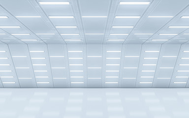 Illuminated corridor interior design. 3D rendering.