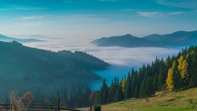 Time lapse. Fantastic mountain landscape and Clouds moving in the valley. Carpathian, Ukraine Europe. Zoom out 4k