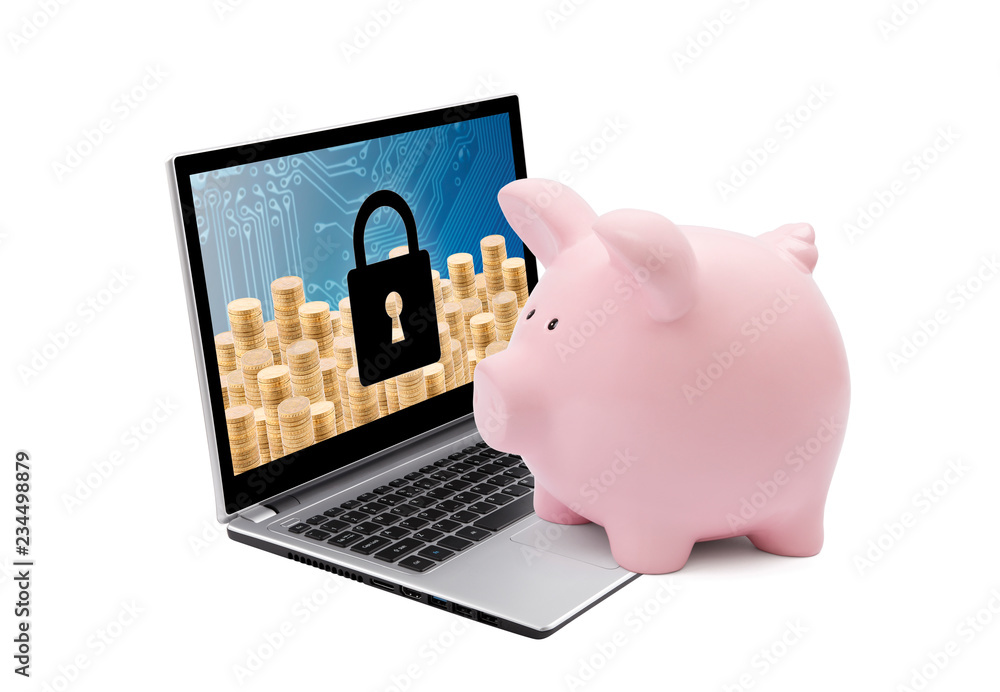 Poster banking protection concept. piggy bank with computer security system on laptop.