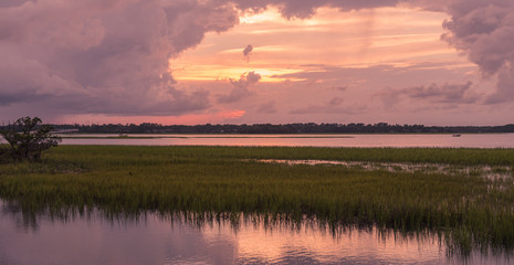 Pinckney Island, South Carolina, USA - July 23, 2018: Sunset on Pinckney Island, a small nature reserve in South Carolina