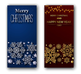 Merry Christmas and Happy New Year shiny greeting cards with snowflakes and lights.
