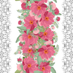 Vector floral ethnic seamless pattern in watercolor style with flowers peonies,  and leaves. Gentle, spring, summer background.