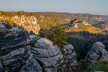 Elbe Sandstone Mountains in Saxon Switzerland National Park over the river Elbe. East Germany, Europe. Popular tourist attraction. Adventure vacation. European travel.