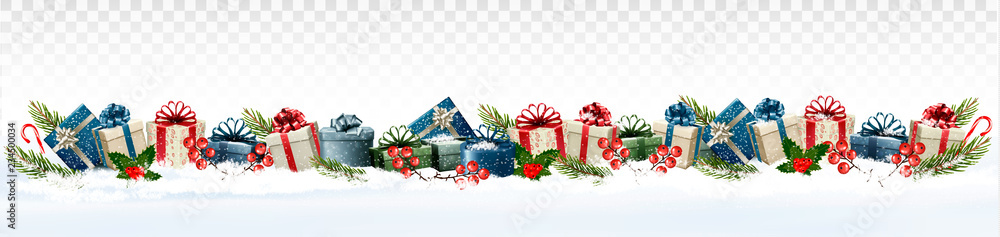 Poster holiday christmas panorama with colorful gift boxes and branch of tree on transparent background. ve