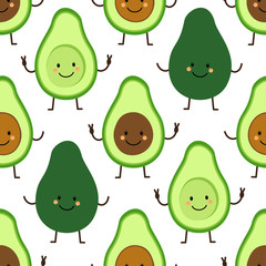 Seamless pattern with cute hand drawn cartoon characters of avocado