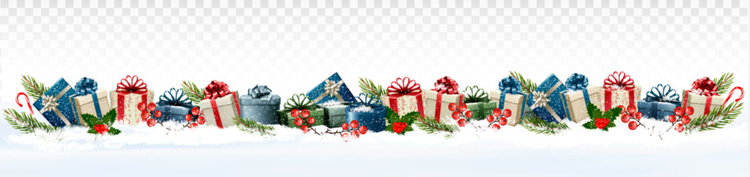 Holiday Christmas panorama with colorful gift boxes and branch of tree on transparent background. Vector.