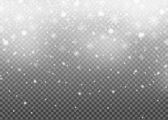 Realistic falling snow isolated on transparent background. Winter sky pattern. White snowfall texture. New year and Xmas concept. Snowflake effect. Vector illustration