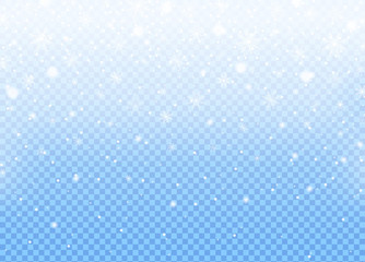 Realistic falling snow isolated on blue sky transparent background. Winter sky pattern. White snowfall texture. New year and Xmas concept. Snowflake effect. Vector illustration