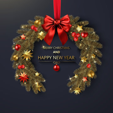 Merry Christmas and Happy New Year greeting card with Christmas wreath.