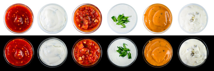 Bowl with sauce set isolated on white and black background