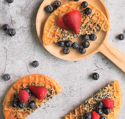 Waffles With Strawberry and Blue Berry in white plate.