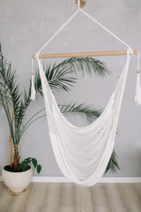 Cozy white hammock in living area, relaxing corner with palm tree at home. Minimal home interior design.