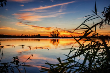 Plakat Sunset above lake in polder landscape with reflection in the water