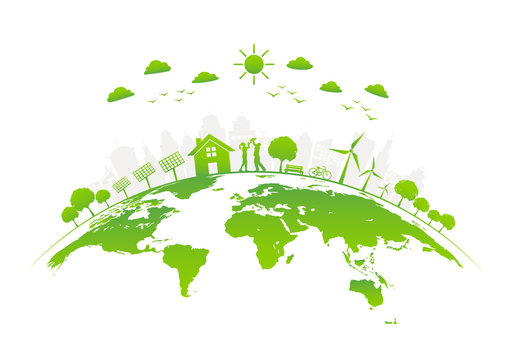 Eco friendly with green city on earth, vector illustration