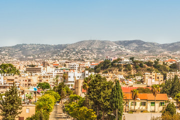 Fototapeta na wymiar View of the town of Paphos in Cyprus. Paphos is known as the center of ancient history and culture of the island. It is very popular as a center for festivals and other annual events.