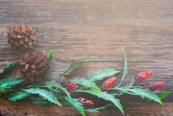 Flat lay of a branch of green leaves and flower and pine cone on the wooden floor. Image with copy space.