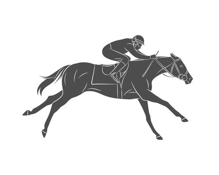 Silhouette racing horse with jockey on a white background