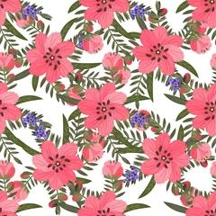 Foto op Plexiglas Vector etnische naadloze bloemmotief in doodle stijl met bloemen en bladeren. Zachte, lente, zomer bloemen achtergrond. © vectorjazz
