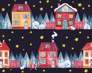 Watercolor pattern. Christmas houses on the background of a winter landscape and a starry sky against a dark background.