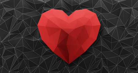 Black low poly background with red heart. 3d rendering.
