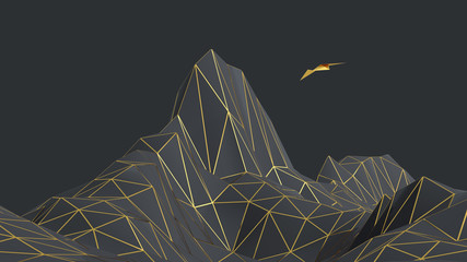3D Render of a Low poly dark mountains landscape with golden edges for graphic design.