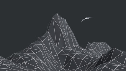 3D Render of a Low poly dark mountains landscape with white edges for graphic design.