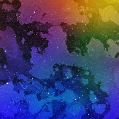 Colorful abstract space background on watercolor paper. Marble ink nebula image. Hand painted cosmos and stars.