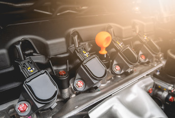 Close up detail of New Automobile engine with sunlight in transportation concept, Vintage tone and...